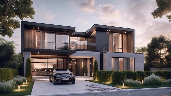 exterior of modern luxury house with garden and beautiful sky,