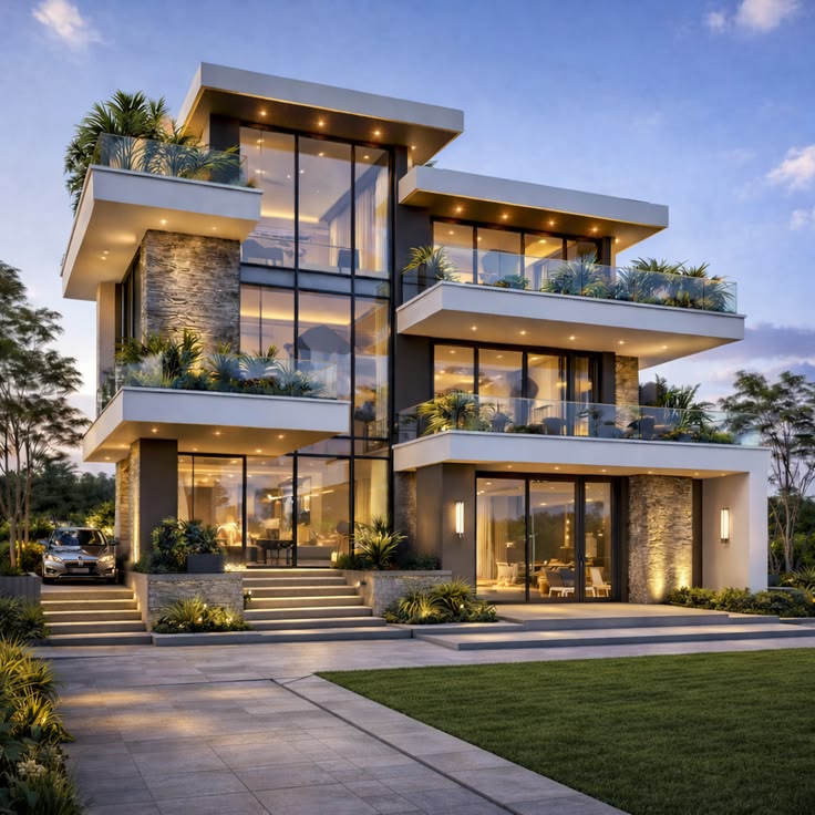 Featured Listings modern luxury 3 floor house elevation design with glass balcony and led lighting